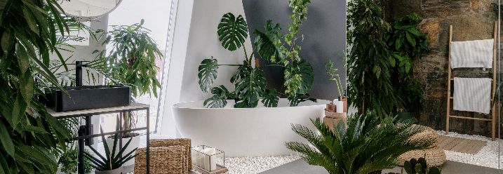 Badezimmer mit vielen Pflanzen